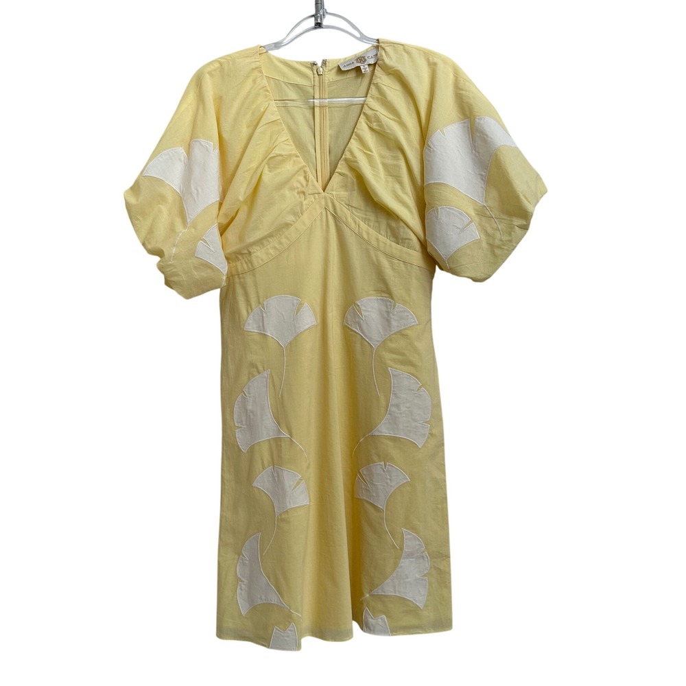 Anna Cate Hazel Yellow Ginkgo Leaf Applique Puff Sleeve Mini Dress Small